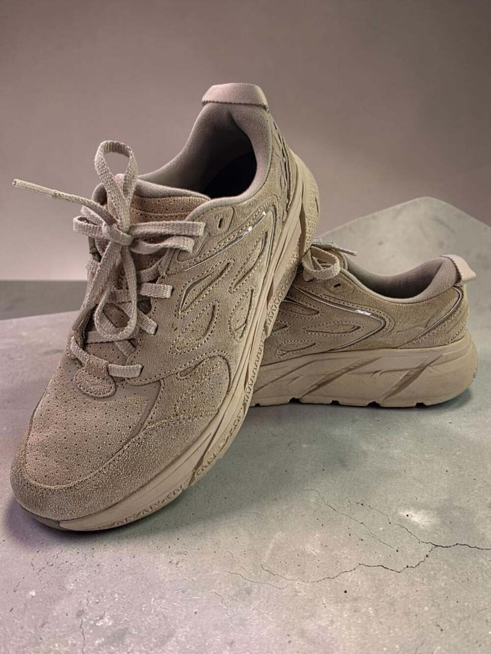 HOKA Clifton L Suede Shifting Sand Dune Sneakers